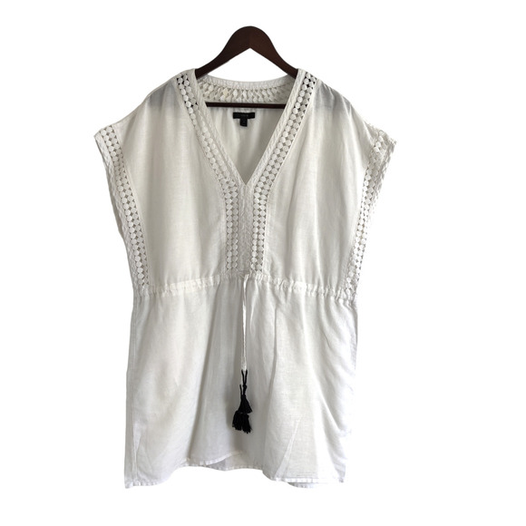 J. Crew White Linen Blend Tunic Blouse Top V-Neck Short Sleeve Tasseled Sz S - Picture 2 of 8
